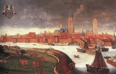 <p>Gezicht op de stad Zwolle vanaf 'Den Dijk', geschilderd omstreeks 1600. Aan de rechter zijde is het Rodetorenplein met stadskraan en molen weergegeven. De nog onbebouwde dijk van het Zwarte Water slingert op de voorgrond naar links. </p>
